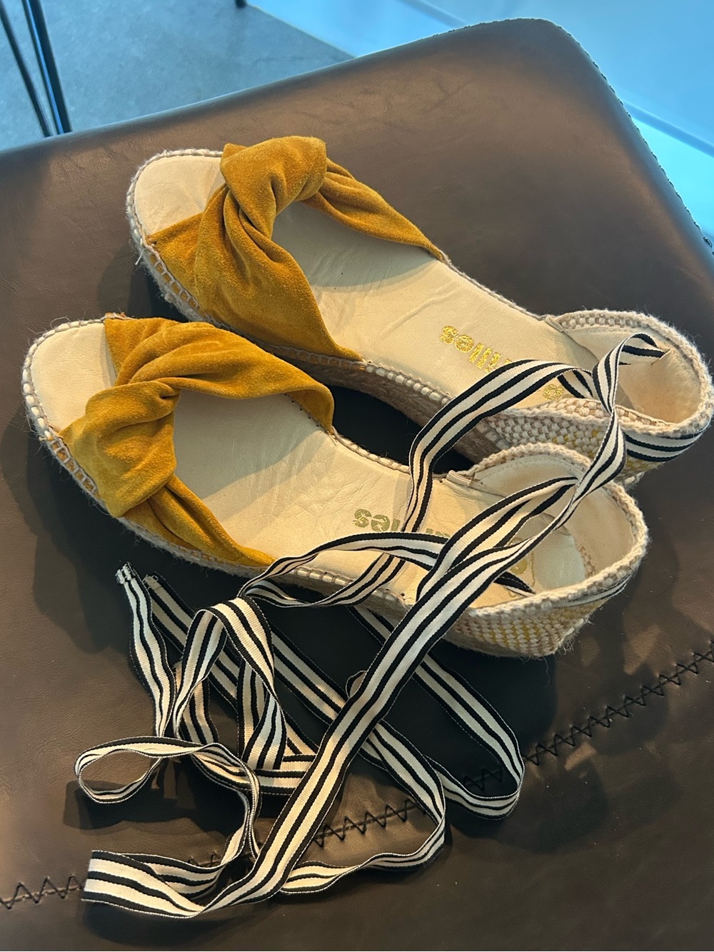 Espadrille Tie-Sandal in Mustard Yellow w/blk & white ribbon